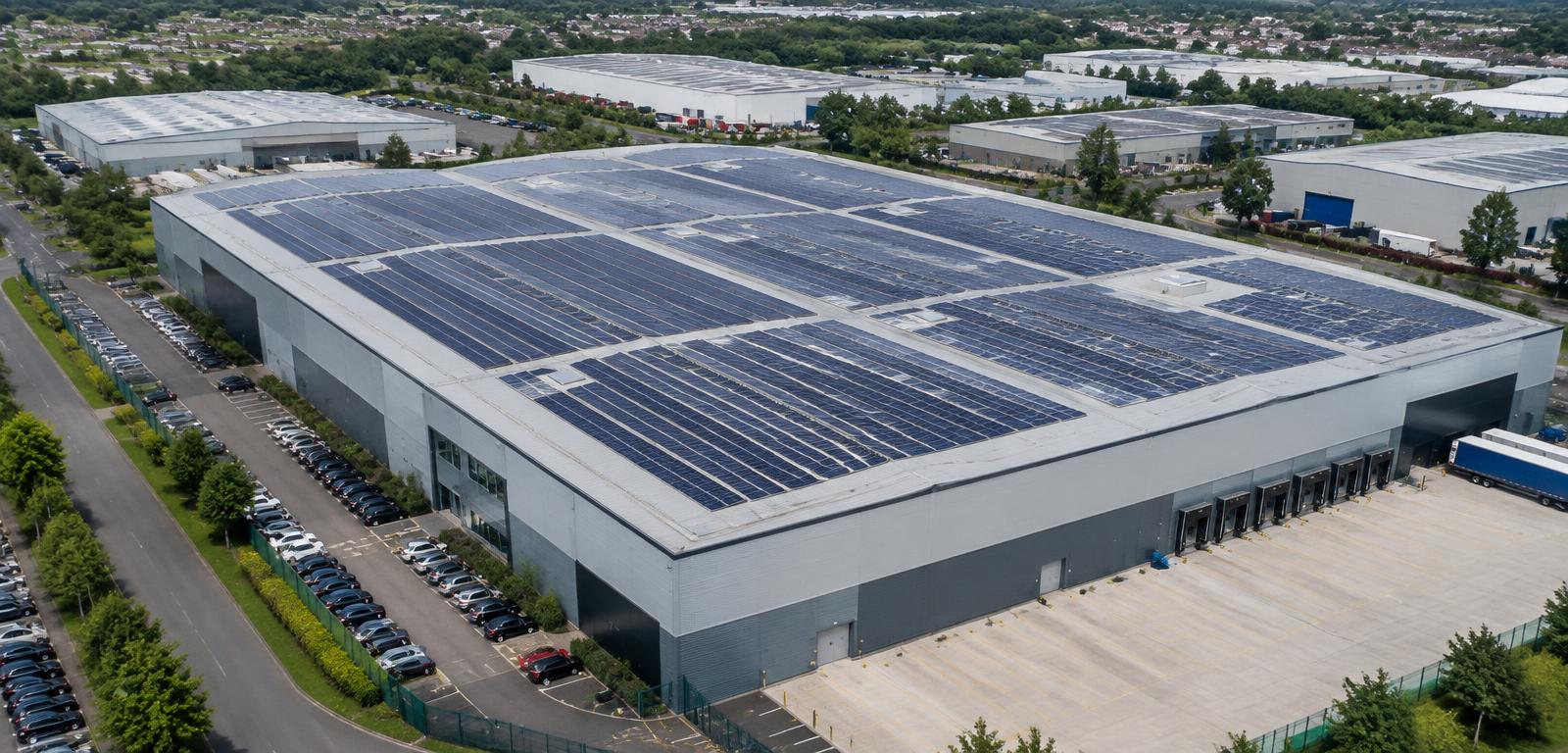 Warehouse roof covered with solar panels