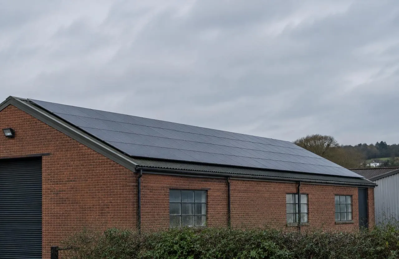 Rooftop solar on a brick warehouse in Kent
